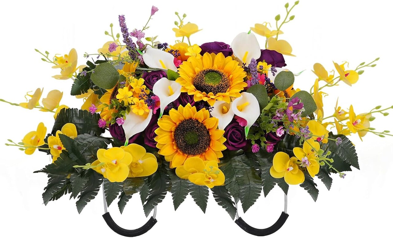 Artificial Cemetery Headstone Flower Saddle – Rose & Sunflower Grave Decoration, Outdoor Memorial Arrangement, Spring Tribute for Loved Ones